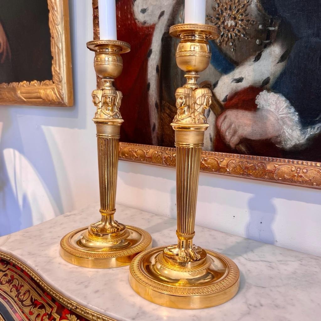 Pair Of Empire Candlesticks In Egyptian Gilt Bronze By Claude Galle-photo-4