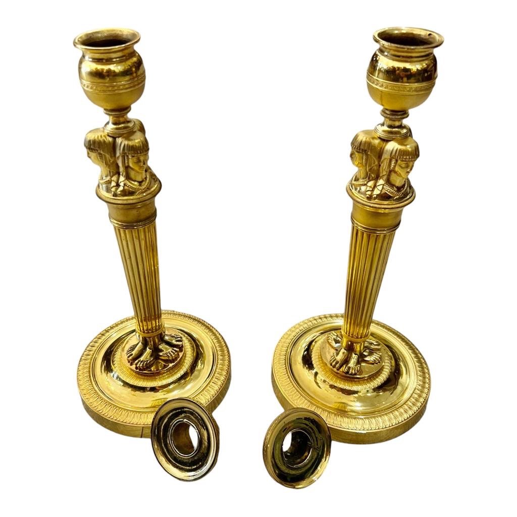 Pair Of Empire Candlesticks In Egyptian Gilt Bronze By Claude Galle-photo-2