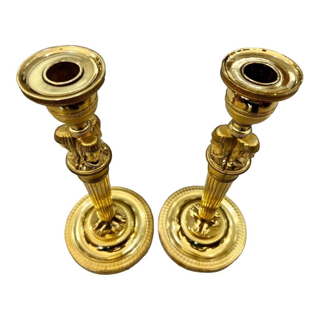 Pair Of Empire Candlesticks In Egyptian Gilt Bronze By Claude Galle-photo-7