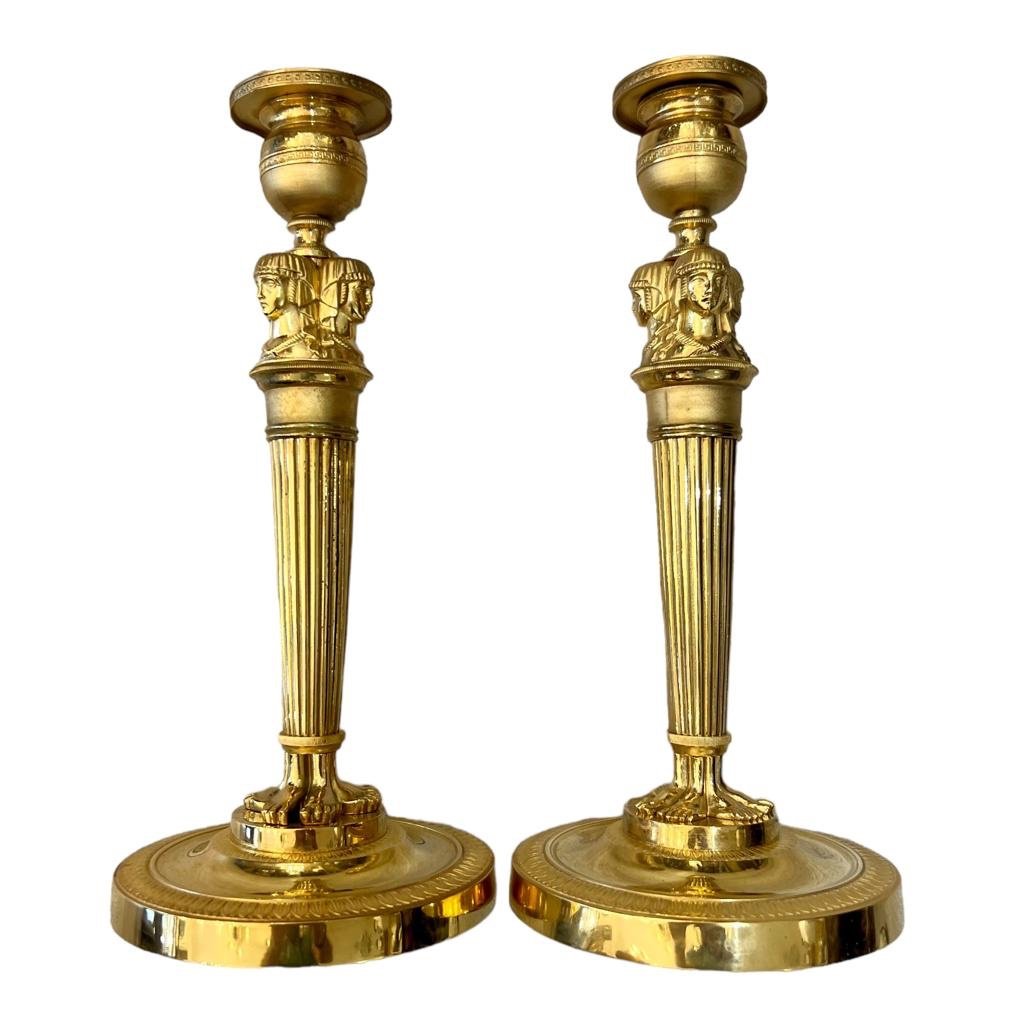 Pair Of Empire Candlesticks In Egyptian Gilt Bronze By Claude Galle-photo-8