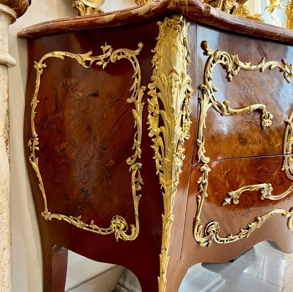 Commode D’apparat En Marqueterie De Fleurs De Style  Louis XV D’époque Fin XIX Ieme -photo-5