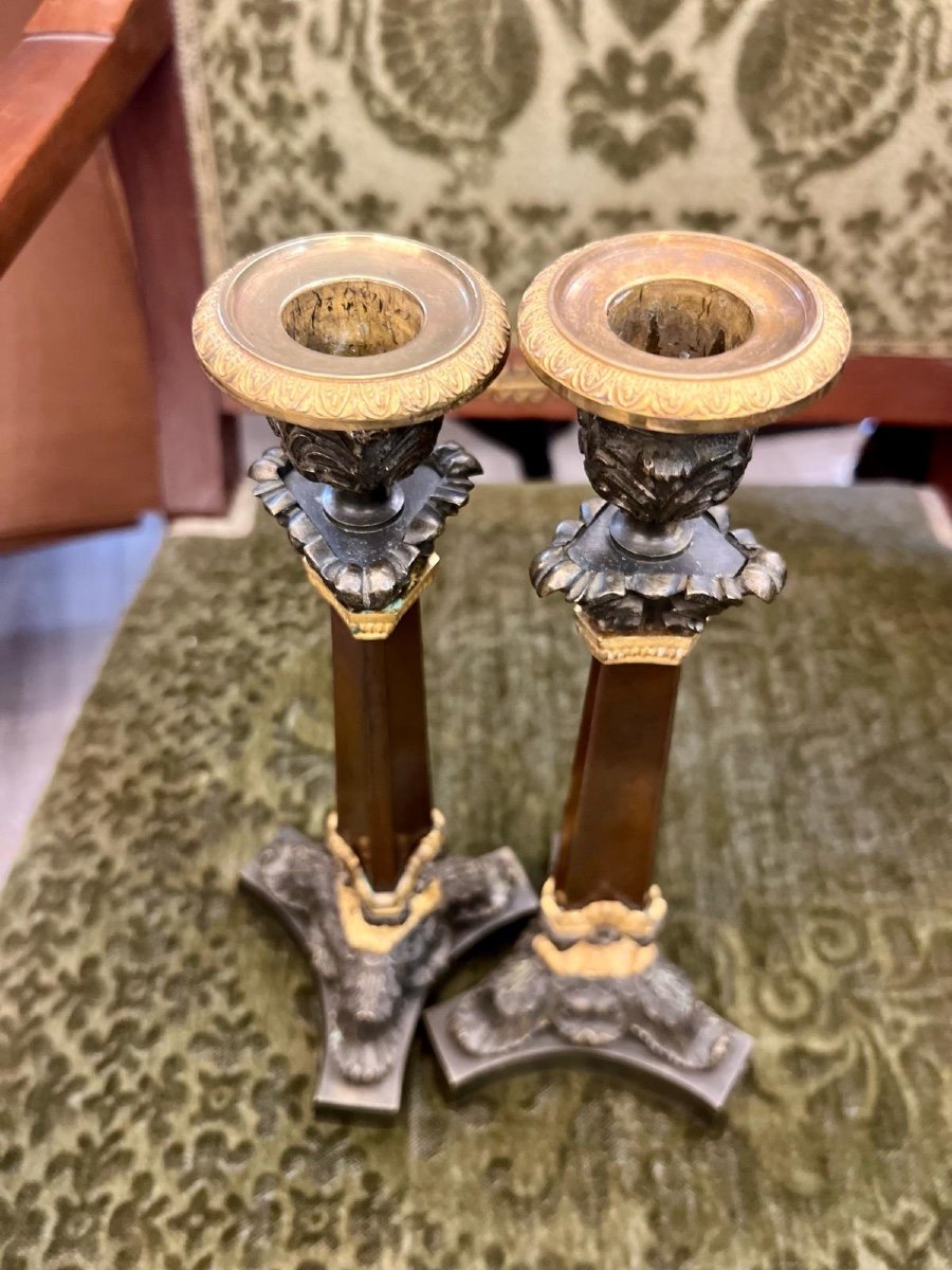 Pair Of Double Patina Bronze Candlesticks From 19th Century Restoration Period -photo-3