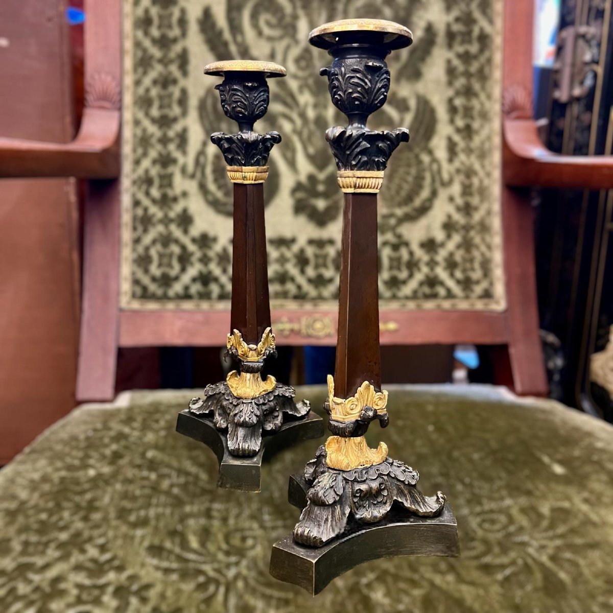Pair Of Double Patina Bronze Candlesticks From 19th Century Restoration Period -photo-4