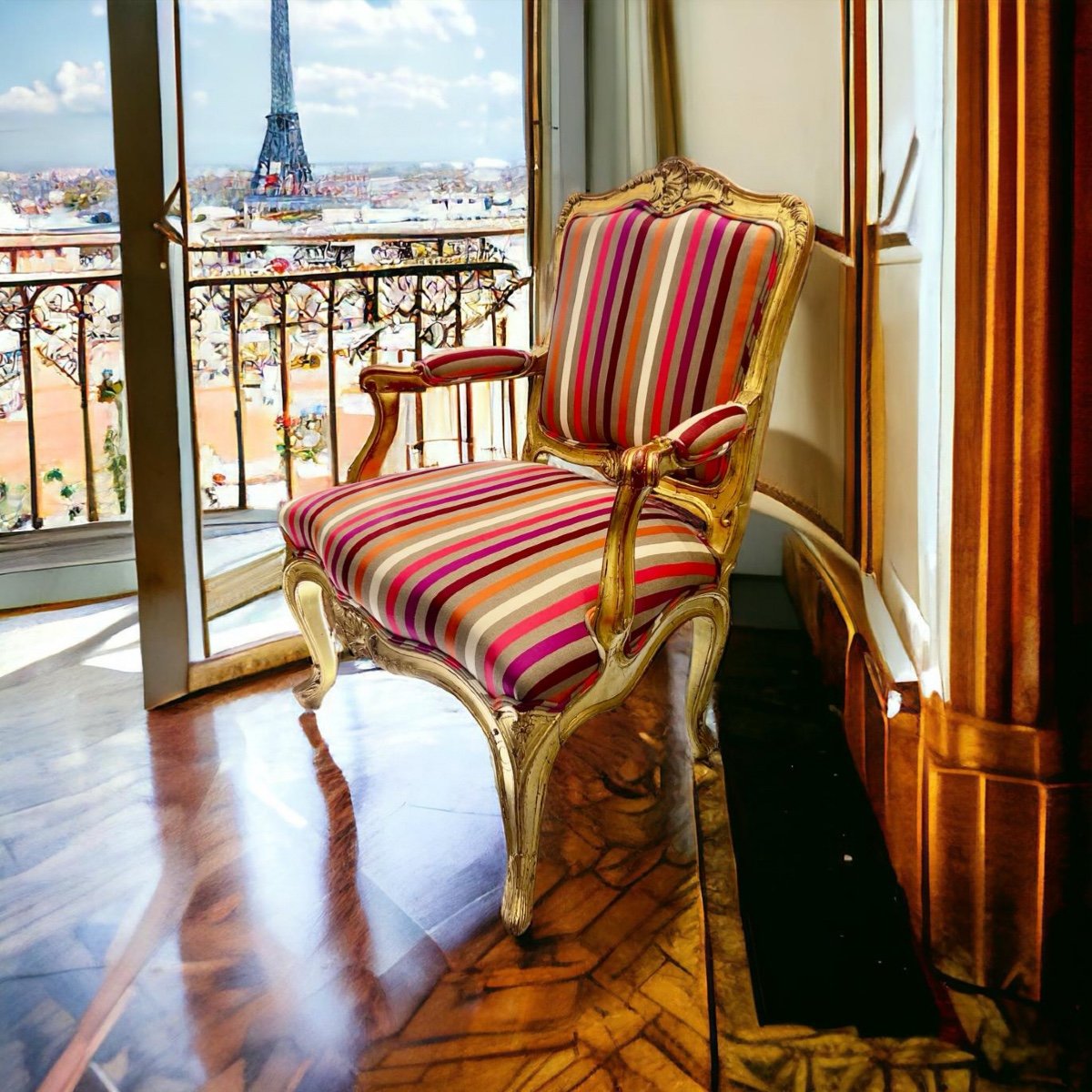 Fauteuil De Style Louis XV à Dossier Plat En Bois Doré D’époque Napoléon III -photo-7