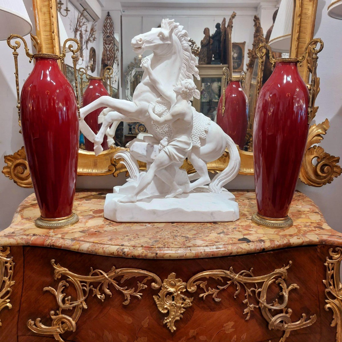 Pair Of Oxblood Red And Gilded Bronze “amphora” Shaped Vases, 19th Century-photo-4