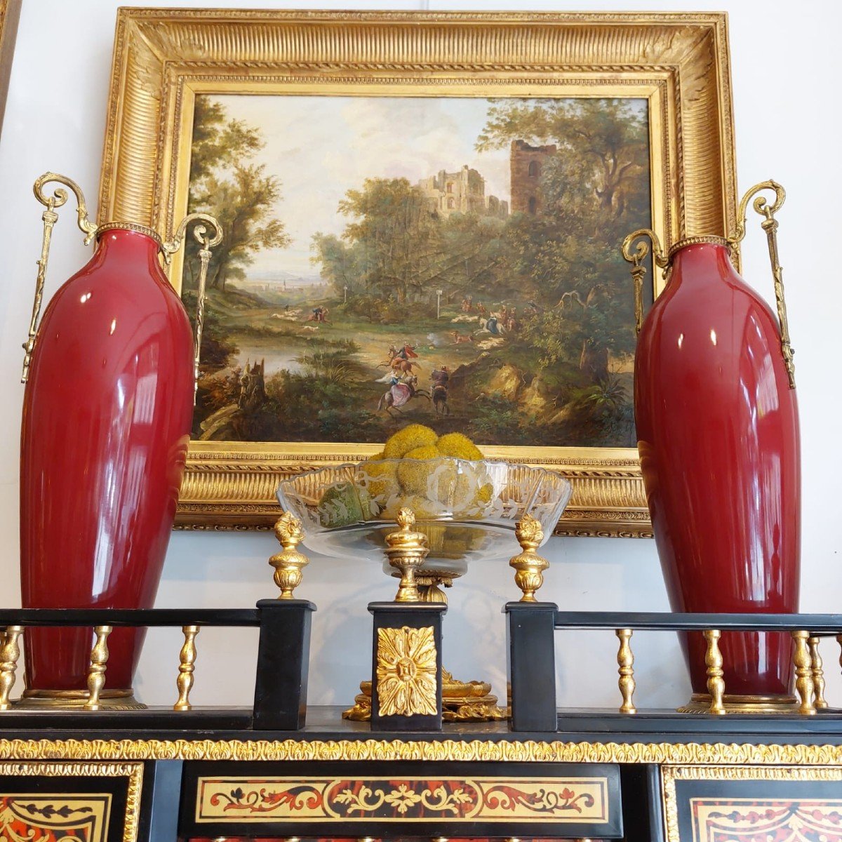 Pair Of Oxblood Red And Gilded Bronze “amphora” Shaped Vases, 19th Century-photo-3