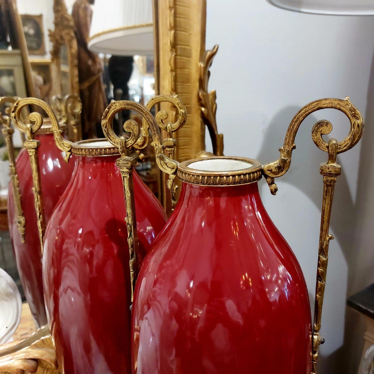 Pair Of Oxblood Red And Gilded Bronze “amphora” Shaped Vases, 19th Century-photo-1