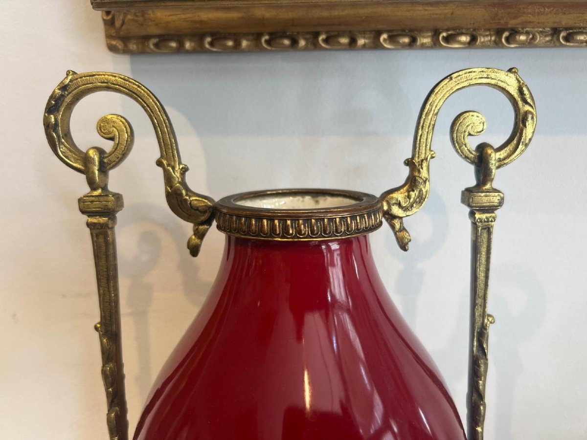 Pair Of Oxblood Red And Gilded Bronze “amphora” Shaped Vases, 19th Century-photo-2