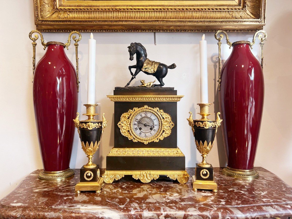 Pair Of Oxblood Red And Gilded Bronze “amphora” Shaped Vases, 19th Century