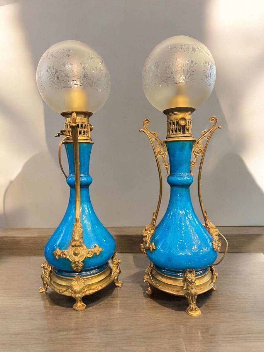 Paire De Lampes En Fa&iuml;ence &eacute;maill&eacute;e Bleue DLG Th&eacute;odore Deck, 19&egrave;me Si&egrave;cle-photo-2