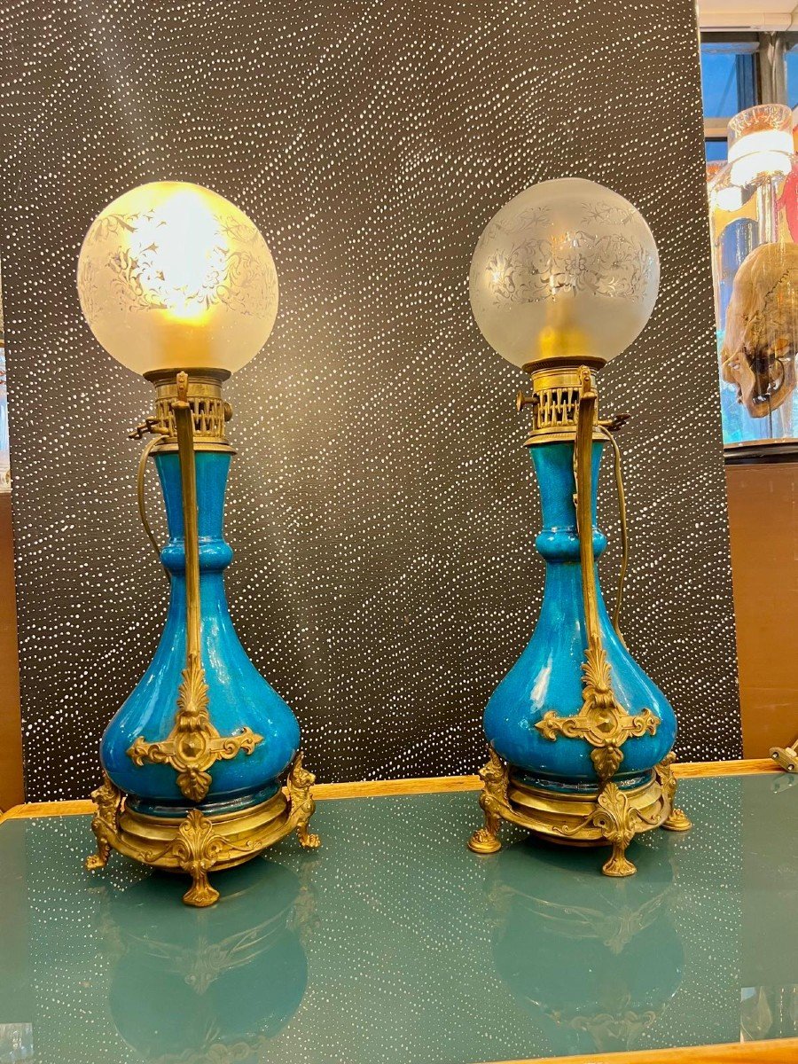 Paire De Lampes En Fa&iuml;ence &eacute;maill&eacute;e Bleue DLG Th&eacute;odore Deck, 19&egrave;me Si&egrave;cle-photo-3