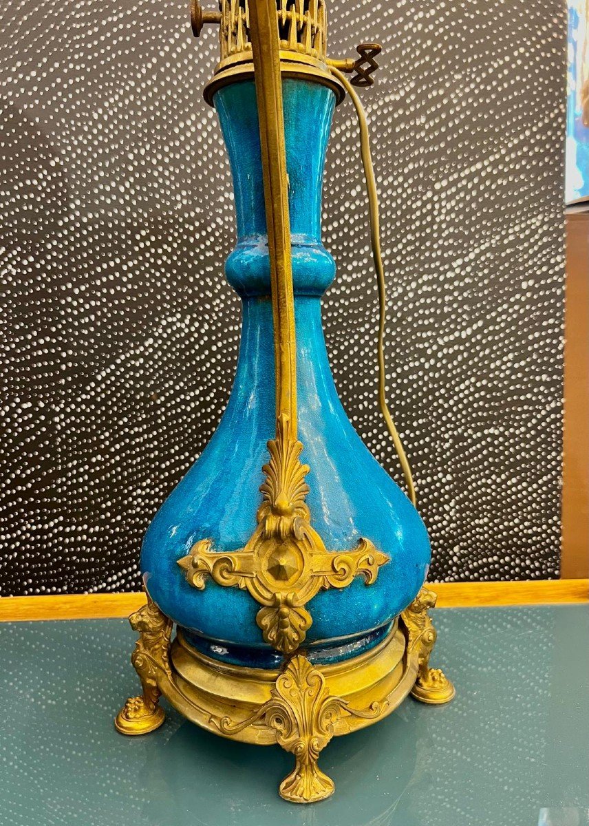 Paire De Lampes En Fa&iuml;ence &eacute;maill&eacute;e Bleue DLG Th&eacute;odore Deck, 19&egrave;me Si&egrave;cle-photo-1