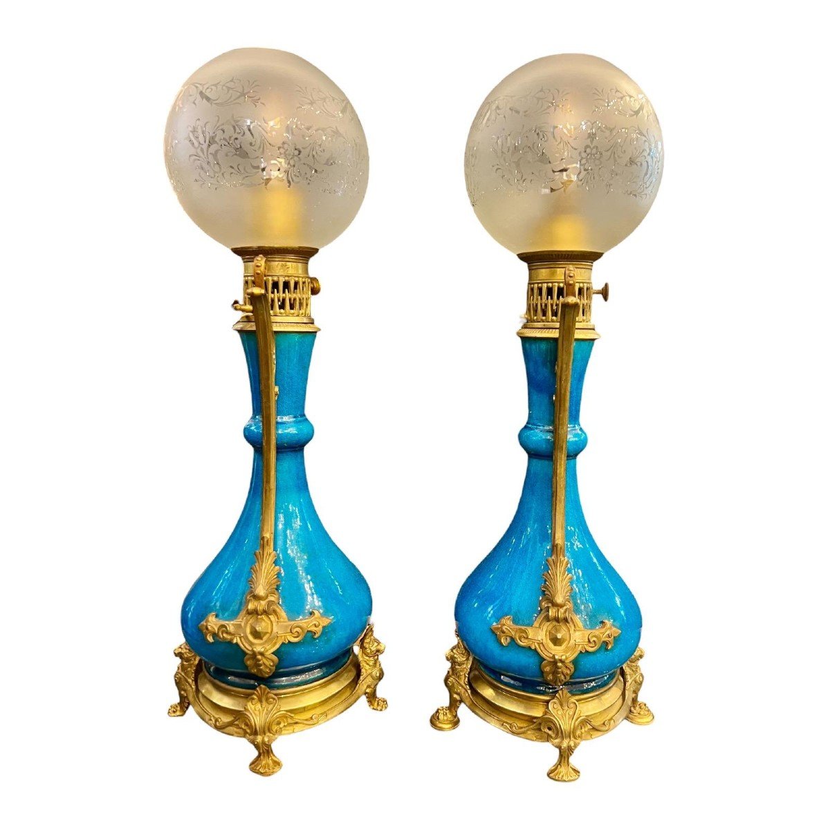 Paire De Lampes En Fa&iuml;ence &eacute;maill&eacute;e Bleue DLG Th&eacute;odore Deck, 19&egrave;me Si&egrave;cle-photo-5