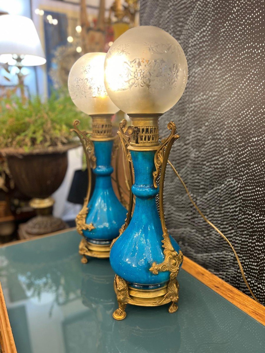 Paire De Lampes En Fa&iuml;ence &eacute;maill&eacute;e Bleue DLG Th&eacute;odore Deck, 19&egrave;me Si&egrave;cle-photo-6