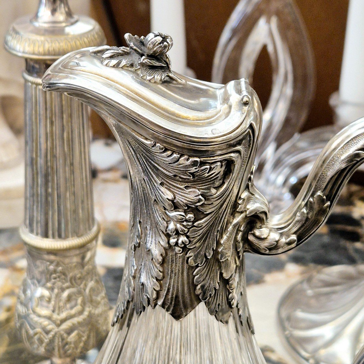 Louis XV Style Crystal And Silver Ewer, Minerva Hallmark, 19th Century-photo-7