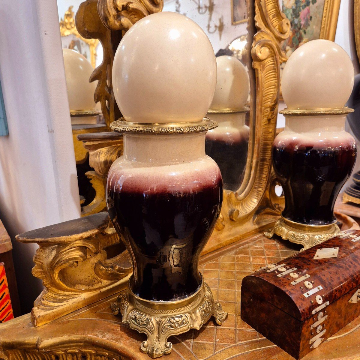 Pair Of Baluster Shaped Porcelain And Gilt Bronze Vases, 19th Century-photo-1