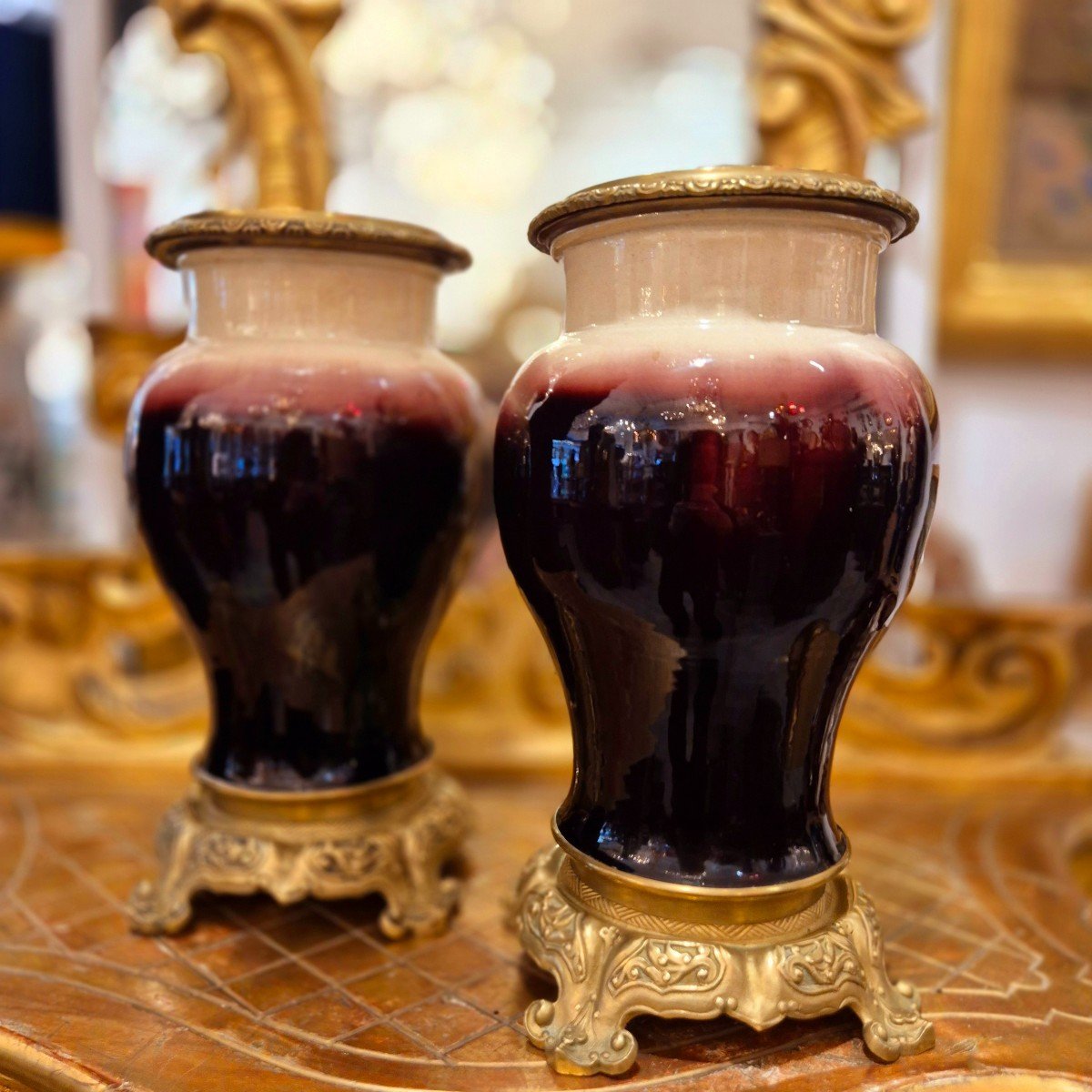 Pair Of Baluster Shaped Porcelain And Gilt Bronze Vases, 19th Century-photo-5