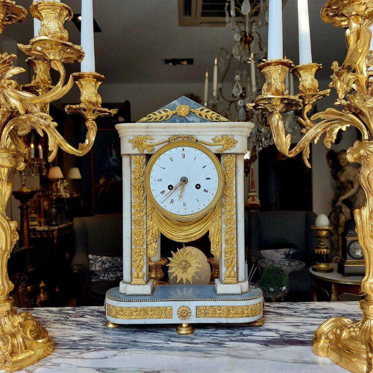 Empire Period Portico Clock In White Marble And Gilt Bronze, 19th Century-photo-2