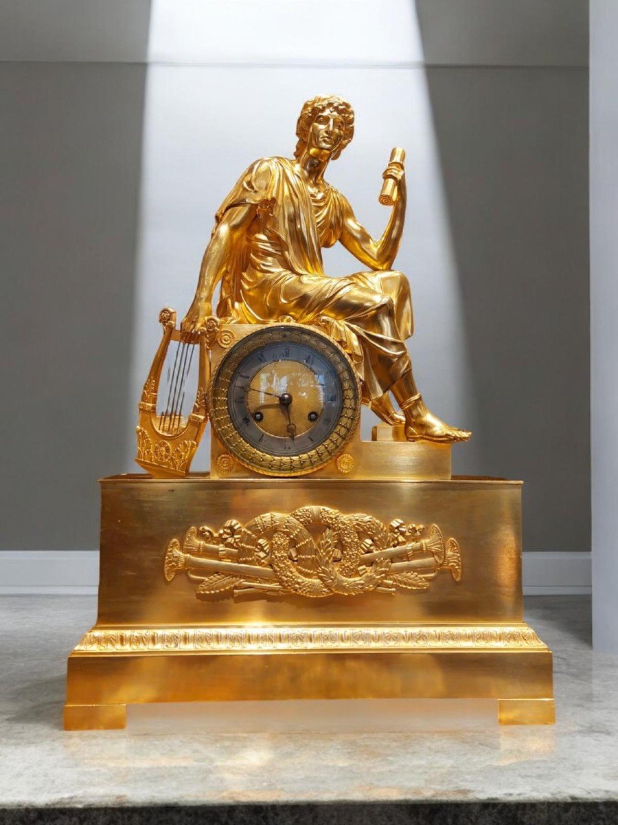 Large Empire Period Chiseled Gilt Bronze Mantel Clock, 19th Century-photo-4