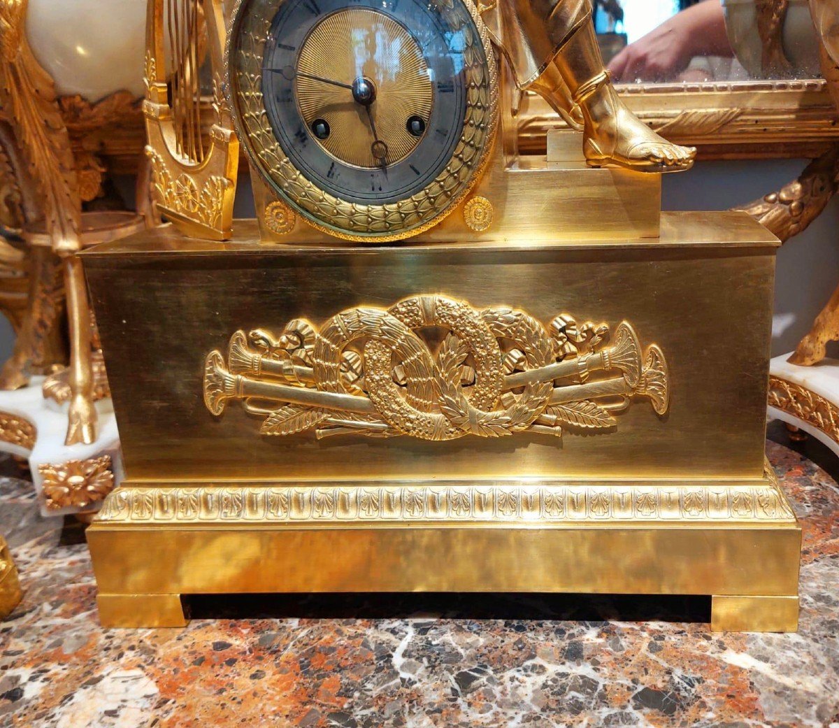 Large Empire Period Chiseled Gilt Bronze Mantel Clock, 19th Century-photo-7