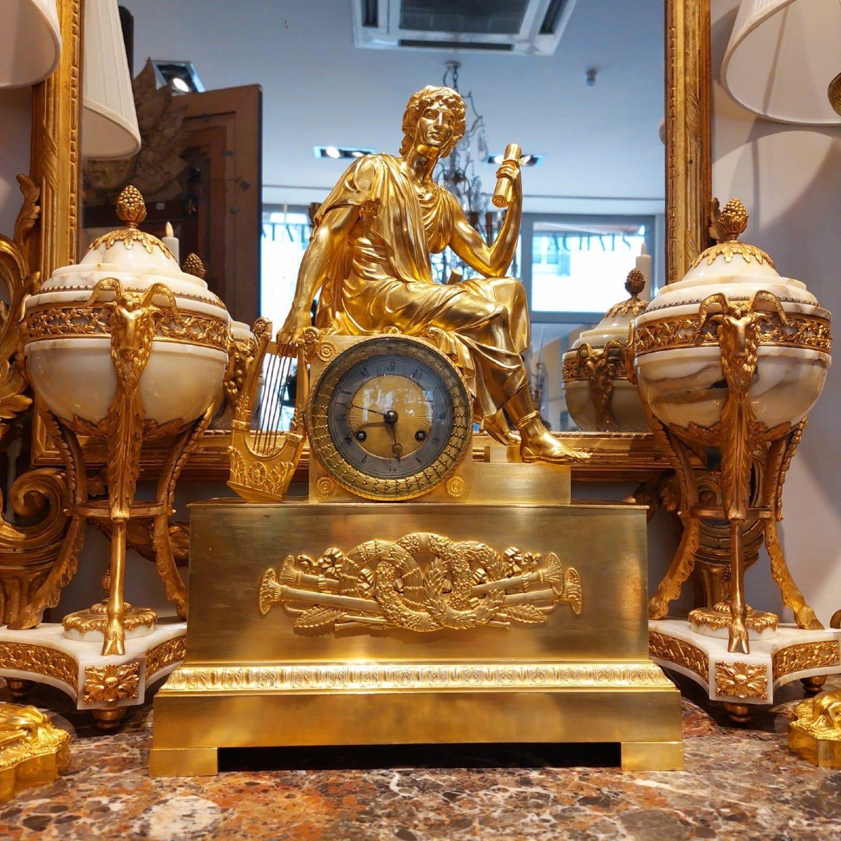 Large Empire Period Chiseled Gilt Bronze Mantel Clock, 19th Century