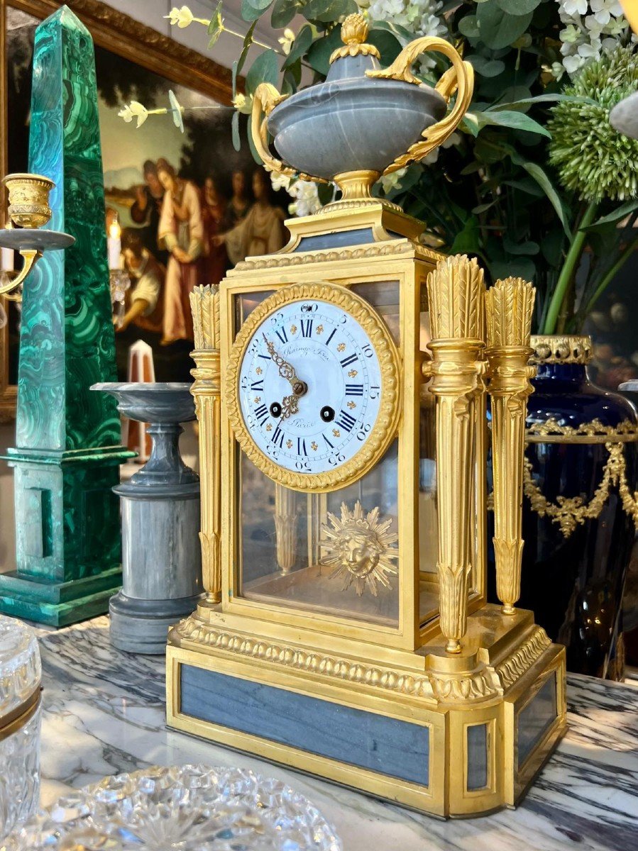 Gilt Bronze And Blue Turquin Marble Clock Set, Raingo Frères, 19th Century.-photo-1