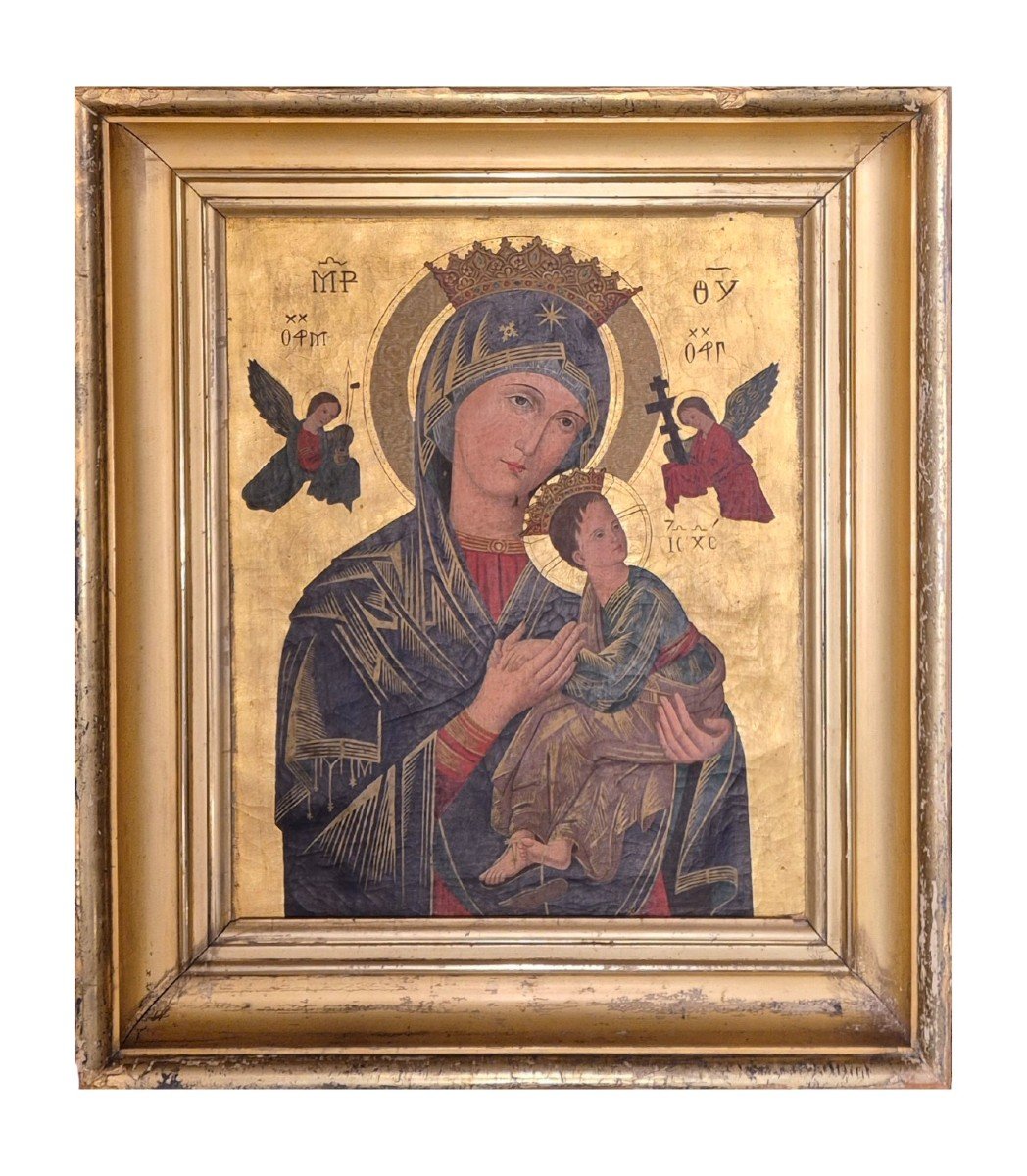 Peinture Icone Représentant Notre Dame Du Perpétuel Secours, Huile Sur Toile, 19ème Siècle-photo-4