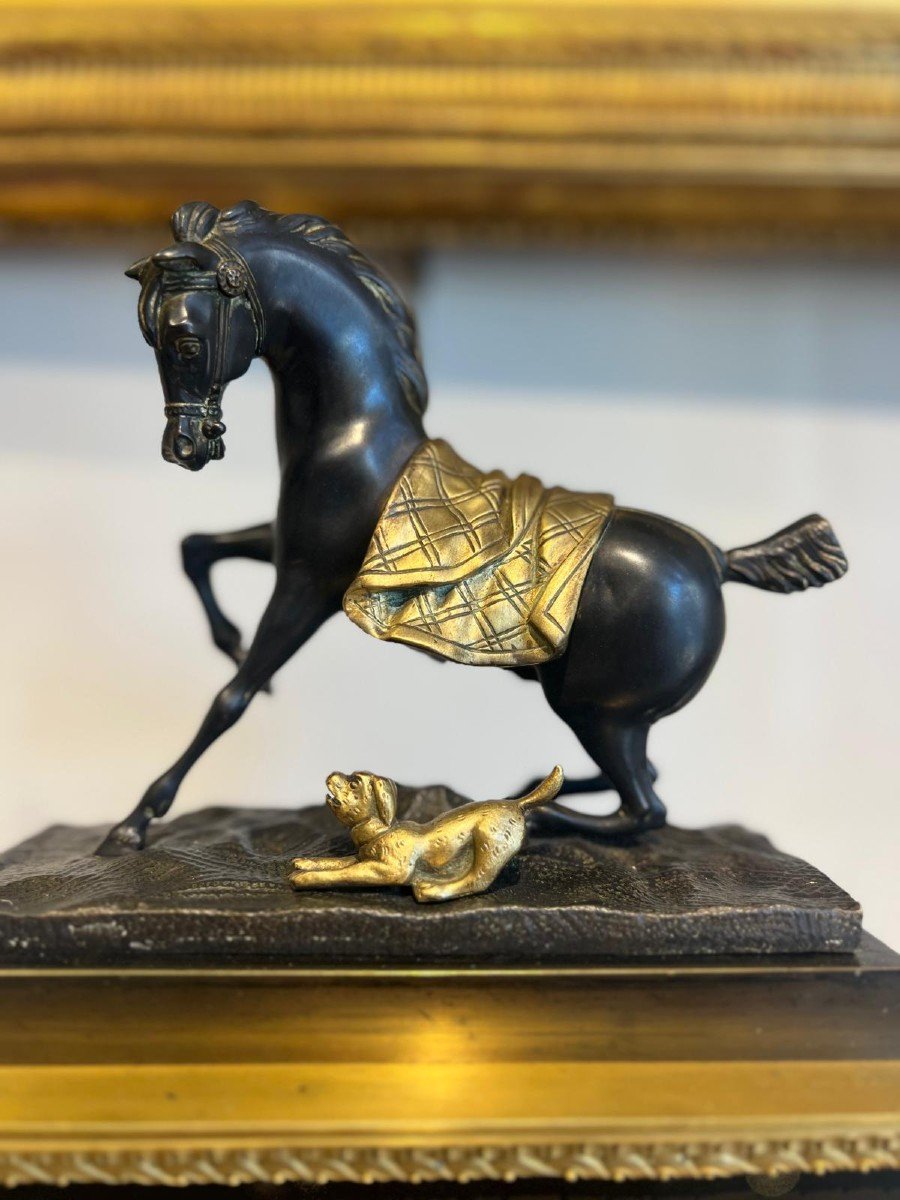 Borne Clock With Horse And Dog In Gilt Bronze And Brown Patina From The Restoration Period, 19th Century-photo-3