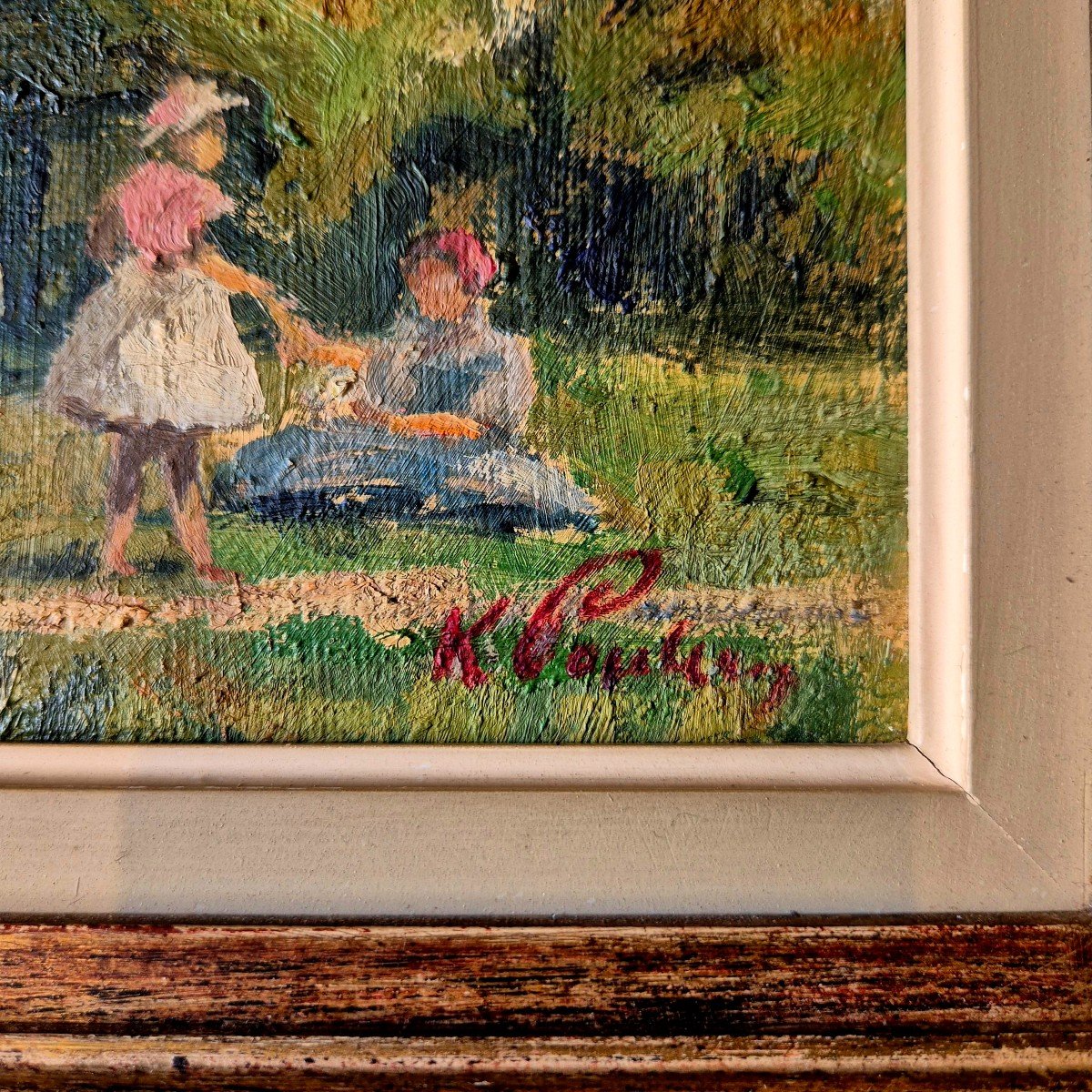 The Parasol, Impressionist Painting, Oil On Canvas, Signed Kp, Early 20th Century-photo-3