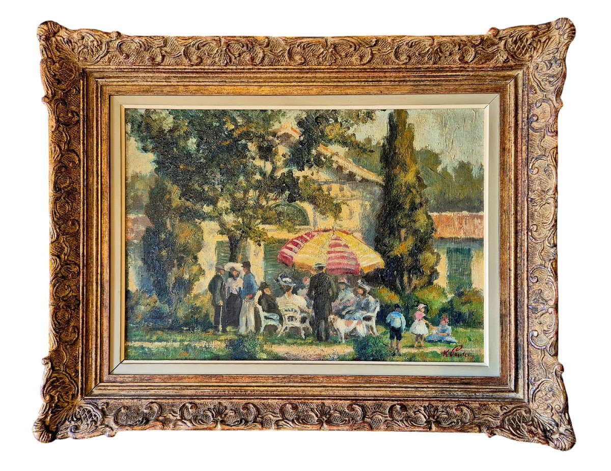 The Parasol, Impressionist Painting, Oil On Canvas, Signed Kp, Early 20th Century