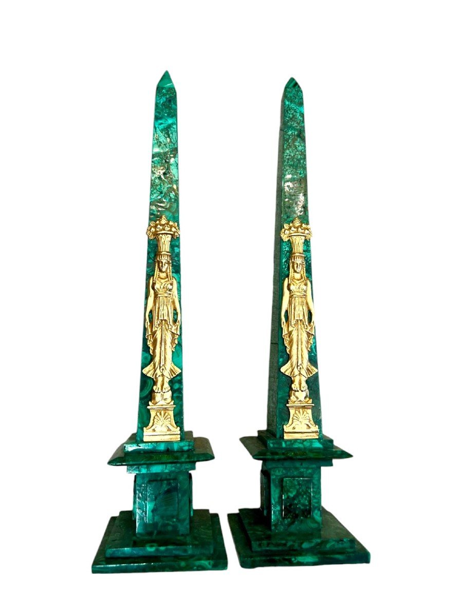 Paire D’obélisques En Malachite à Décor De Cariatides En Bronze Doré, 19ème Siècle-photo-4