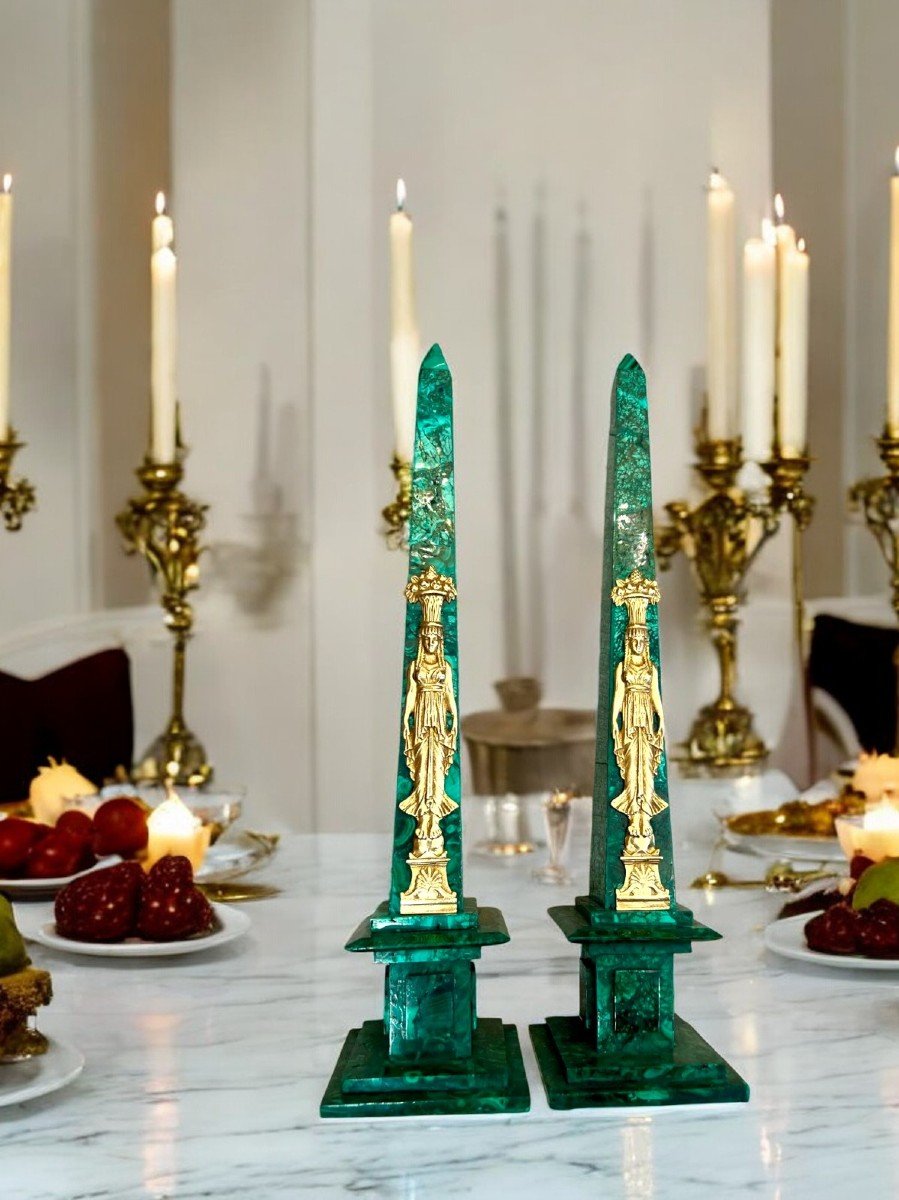 Paire D’obélisques En Malachite à Décor De Cariatides En Bronze Doré, 19ème Siècle-photo-5