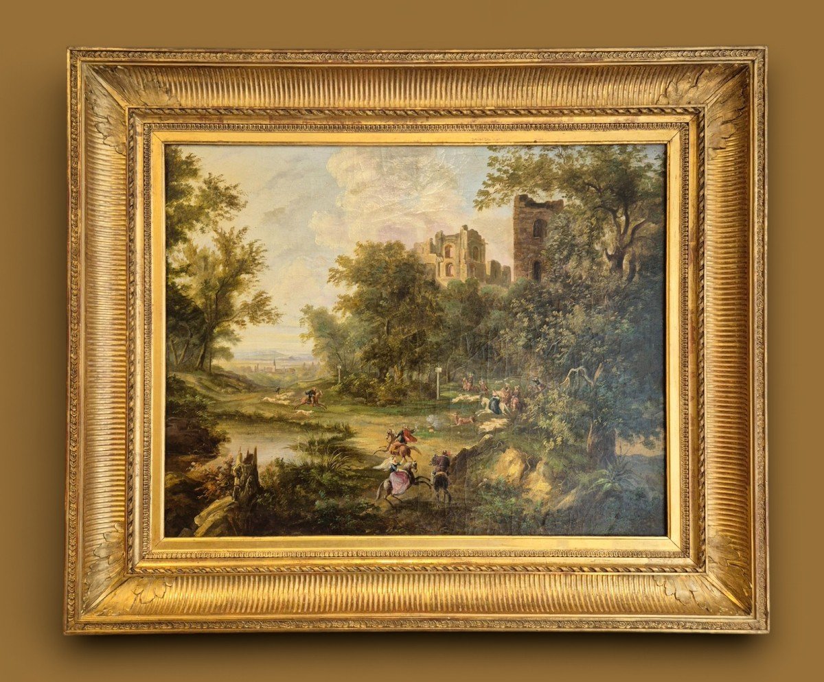 Hunting Scene With Ruins, 19th Century, Oil On Canvas-photo-4