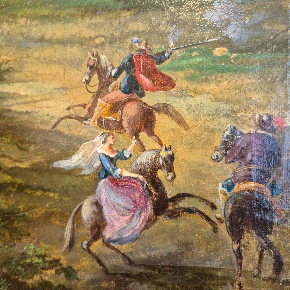 Hunting Scene With Ruins, 19th Century, Oil On Canvas-photo-1