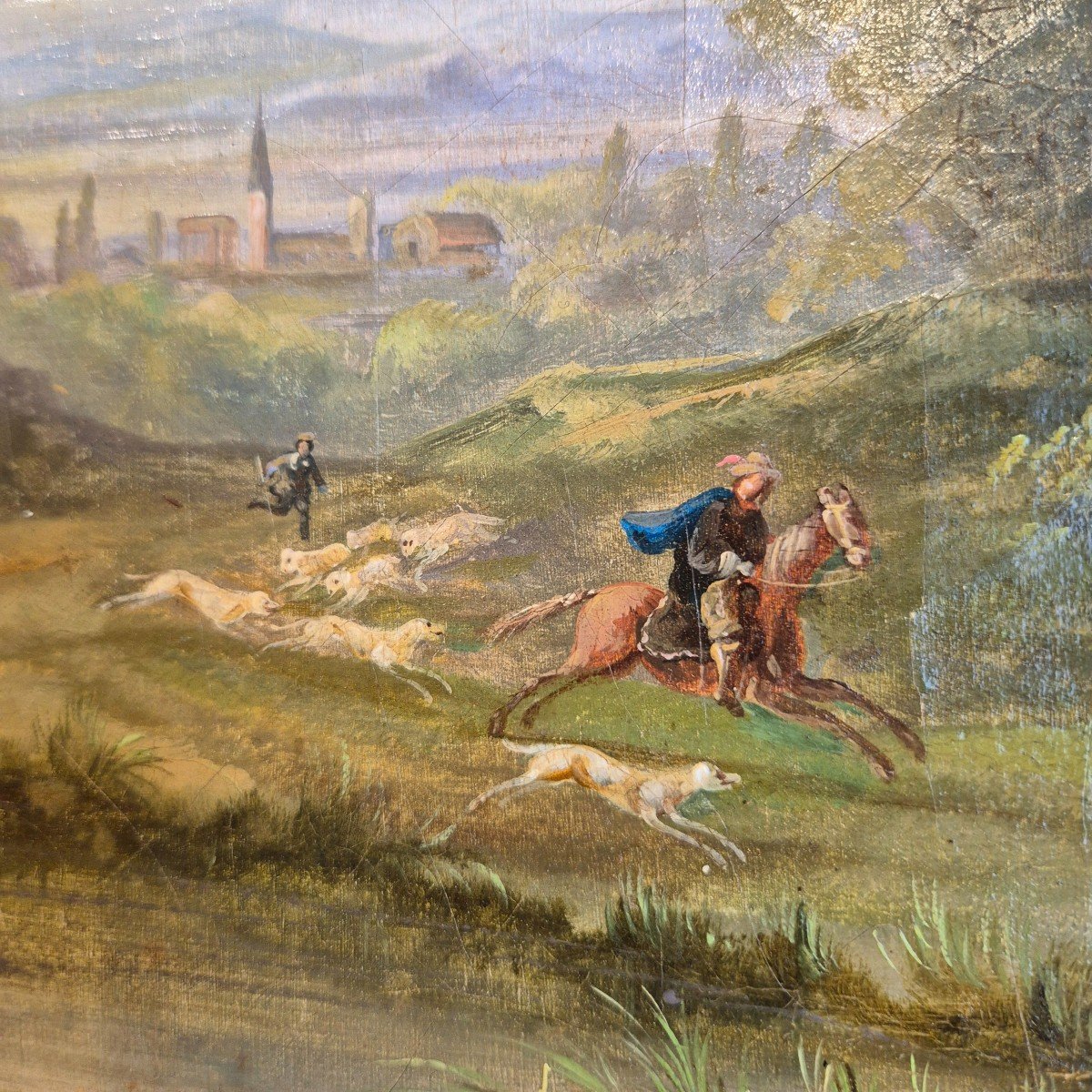 Hunting Scene With Ruins, 19th Century, Oil On Canvas-photo-2