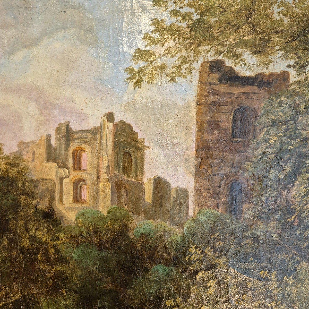 Hunting Scene With Ruins, 19th Century, Oil On Canvas-photo-5