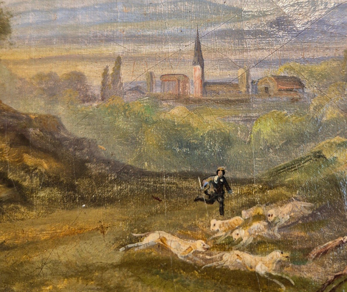 Hunting Scene With Ruins, 19th Century, Oil On Canvas-photo-6