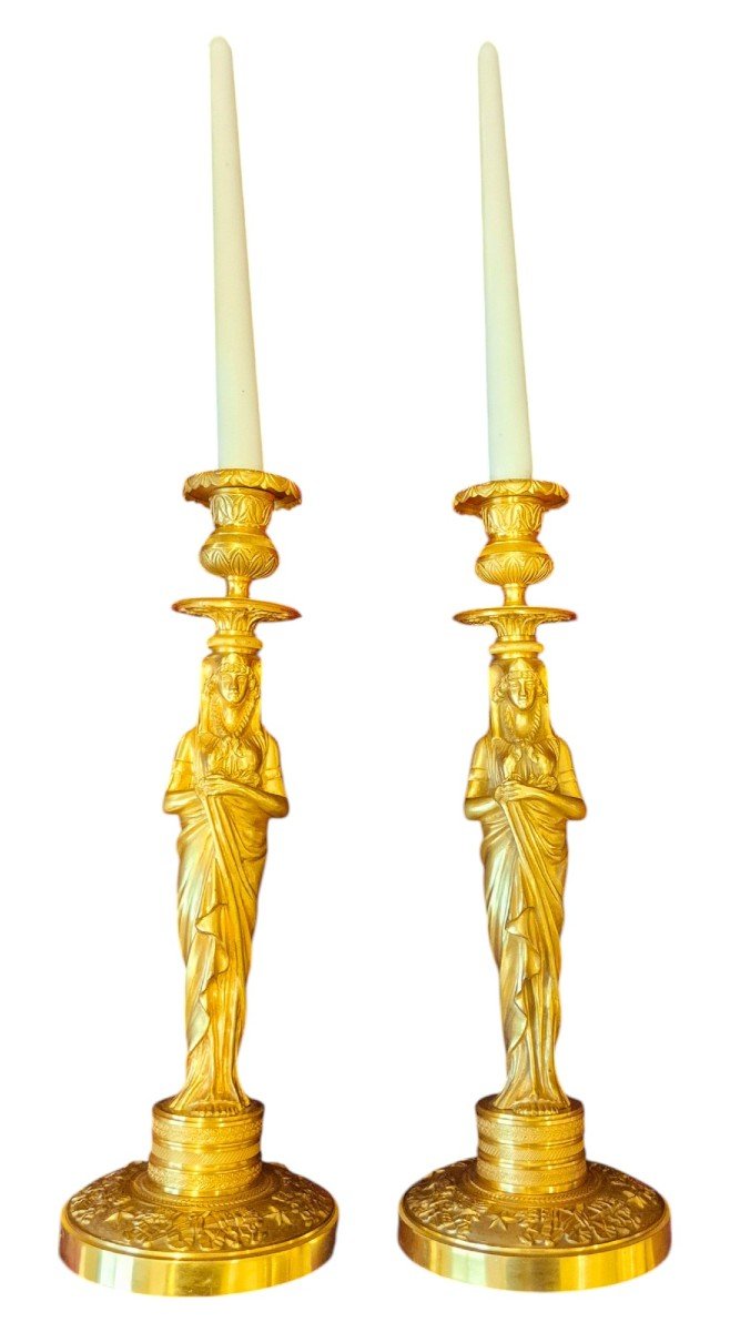 Pair Of Empire Period And Return Of Egypt Style Candlesticks In Gilt Bronze, Circa 1810-photo-4