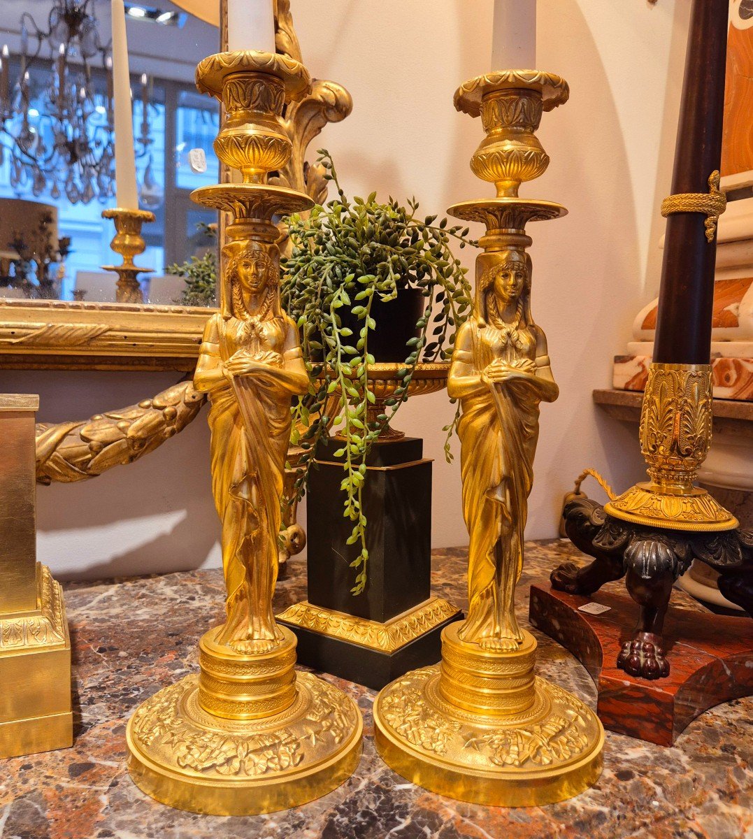 Pair Of Empire Period And Return Of Egypt Style Candlesticks In Gilt Bronze, Circa 1810-photo-3