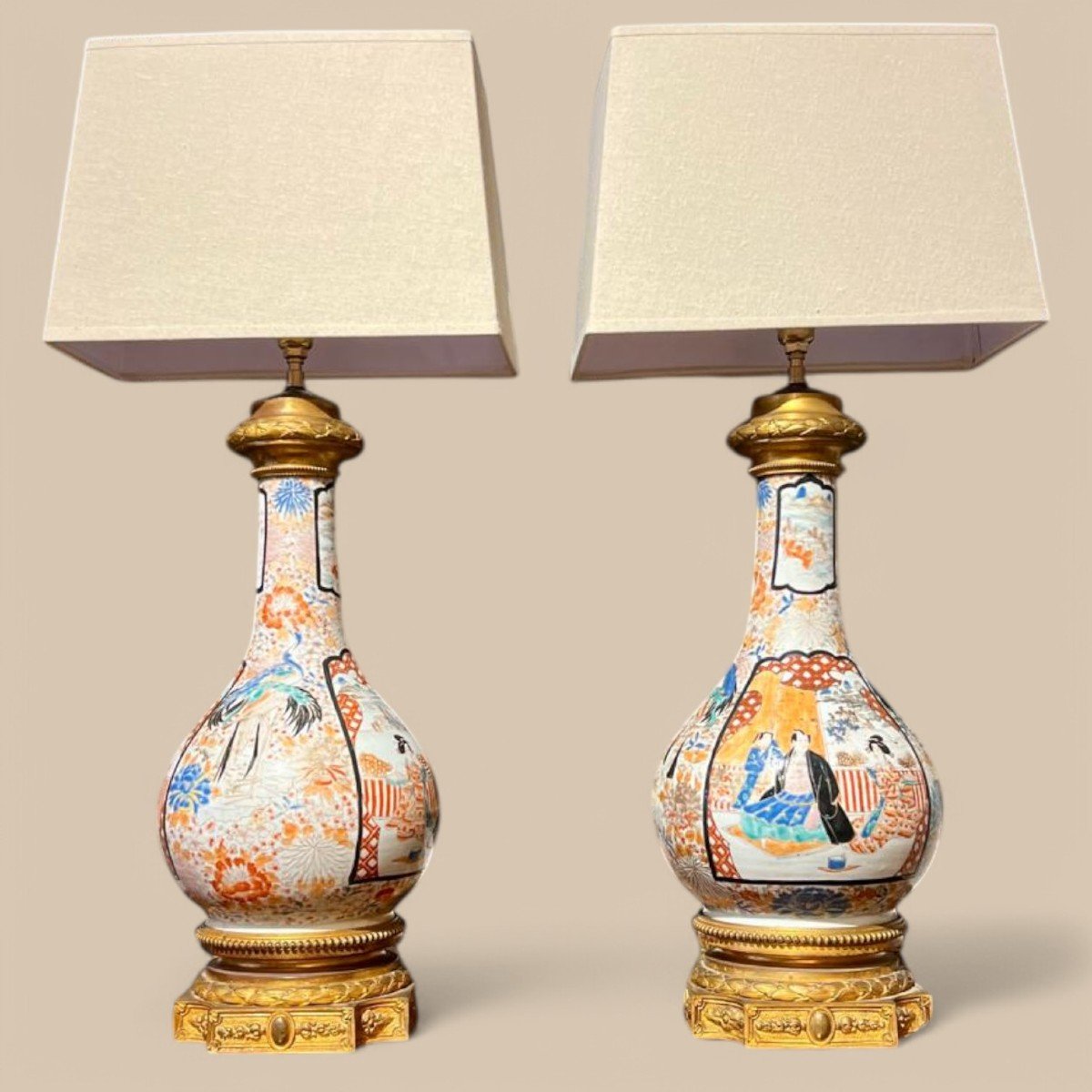 Large Pair Of Porcelain Lamps With Gilt Bronze Mounts, Japan, 19th Century-photo-3