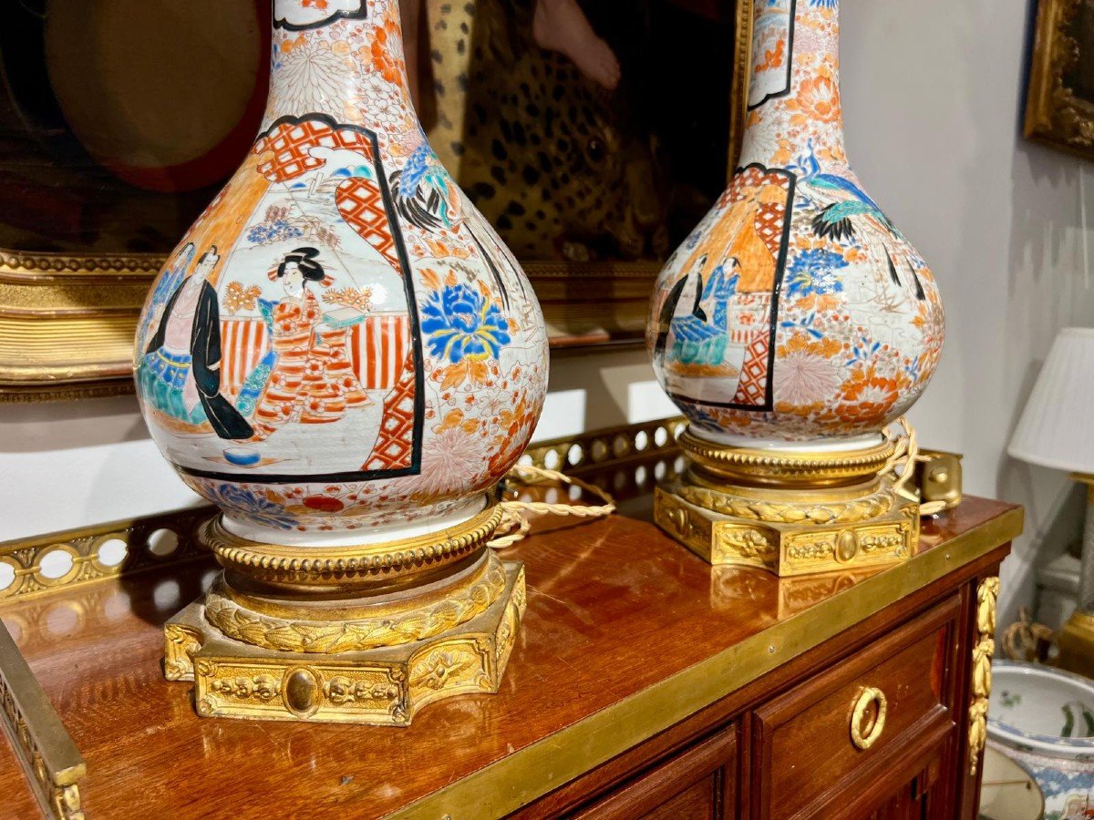 Large Pair Of Porcelain Lamps With Gilt Bronze Mounts, Japan, 19th Century-photo-4