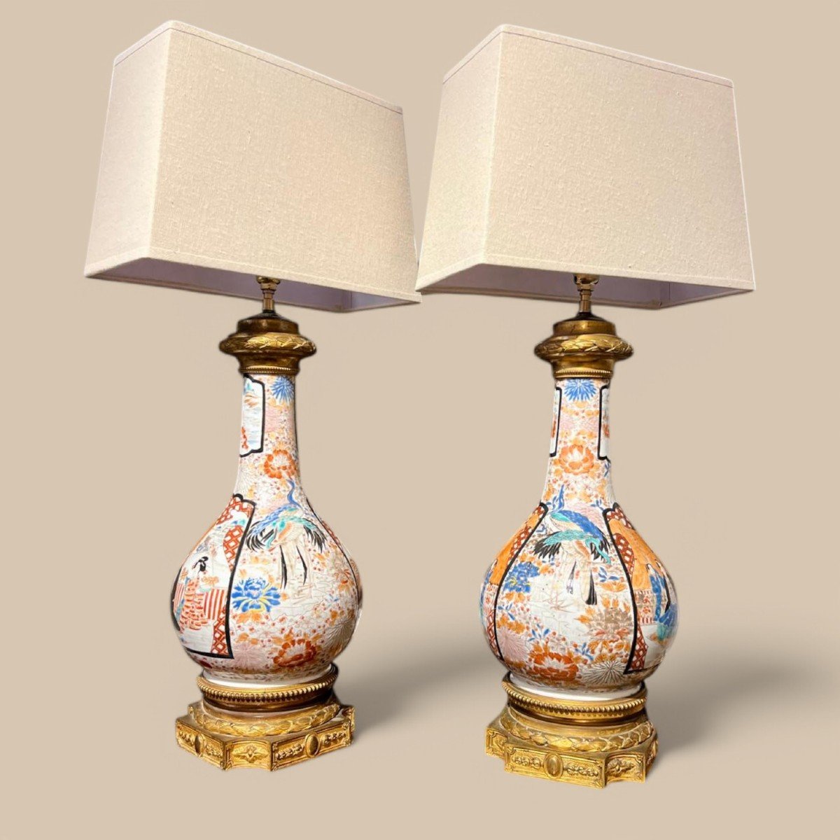 Large Pair Of Porcelain Lamps With Gilt Bronze Mounts, Japan, 19th Century-photo-1