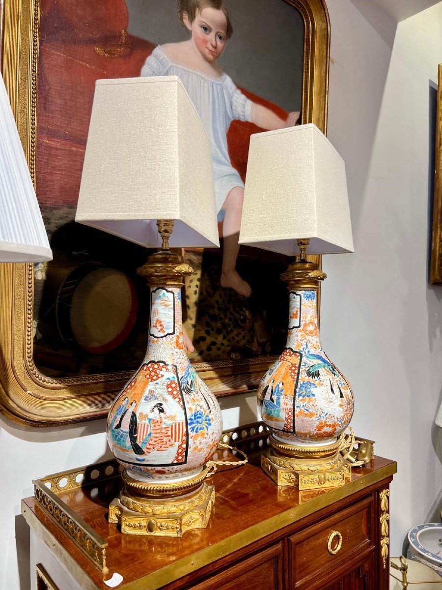 Large Pair Of Porcelain Lamps With Gilt Bronze Mounts, Japan, 19th Century-photo-7