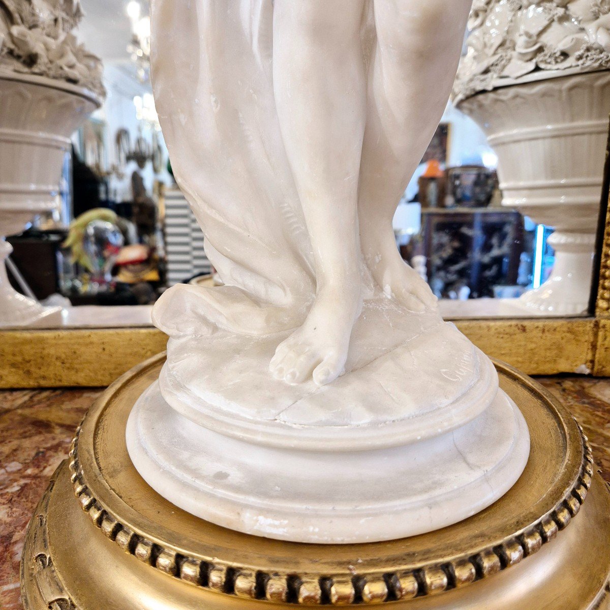 Sculpture En Marbre De Carrare D’une Jeune Femme Au Bouquet, 19ème Sièce, Signée Cupiny-photo-5