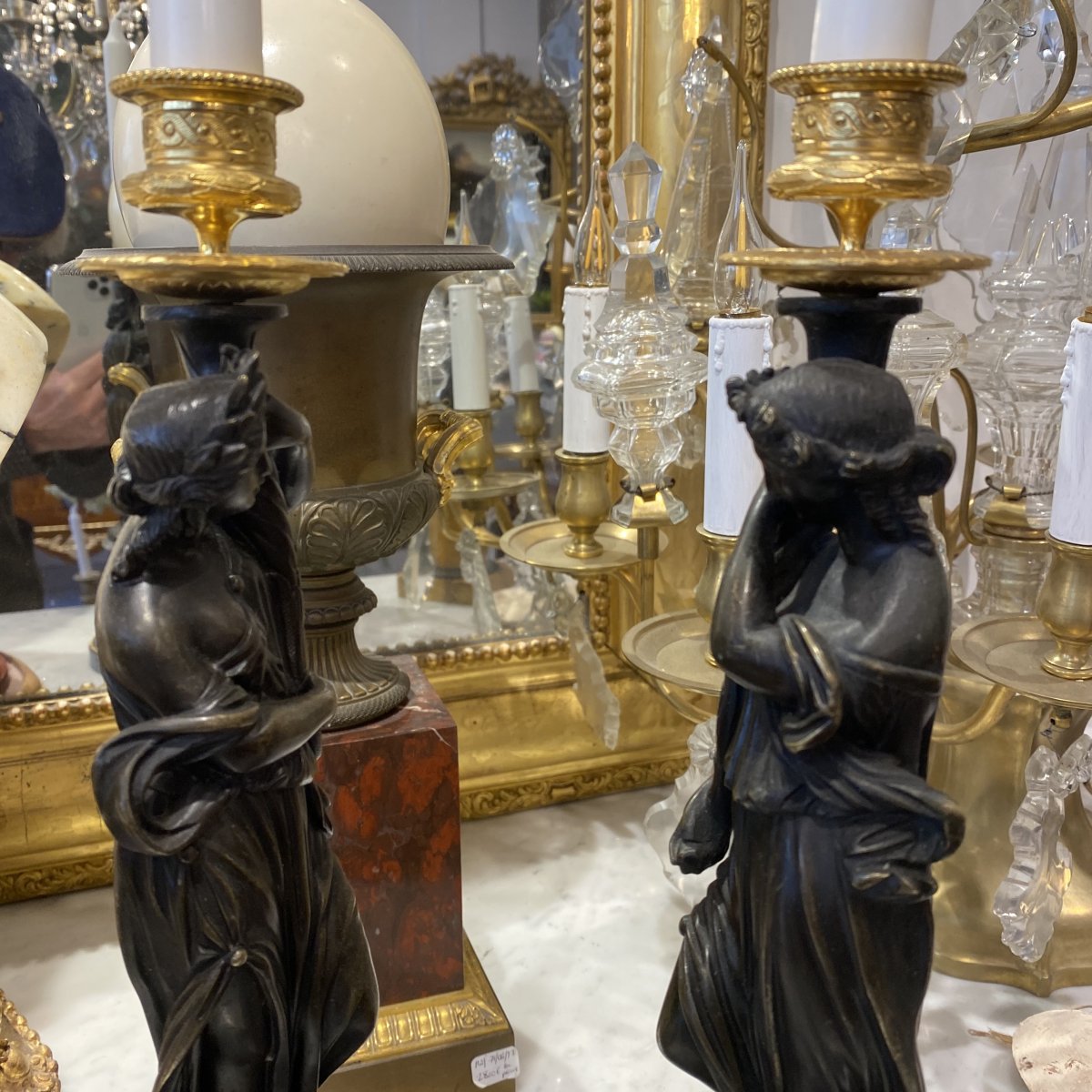 Pair Of Large Candlesticks In Decor Of Woman In Antique Bronze XIX Ieme-photo-4