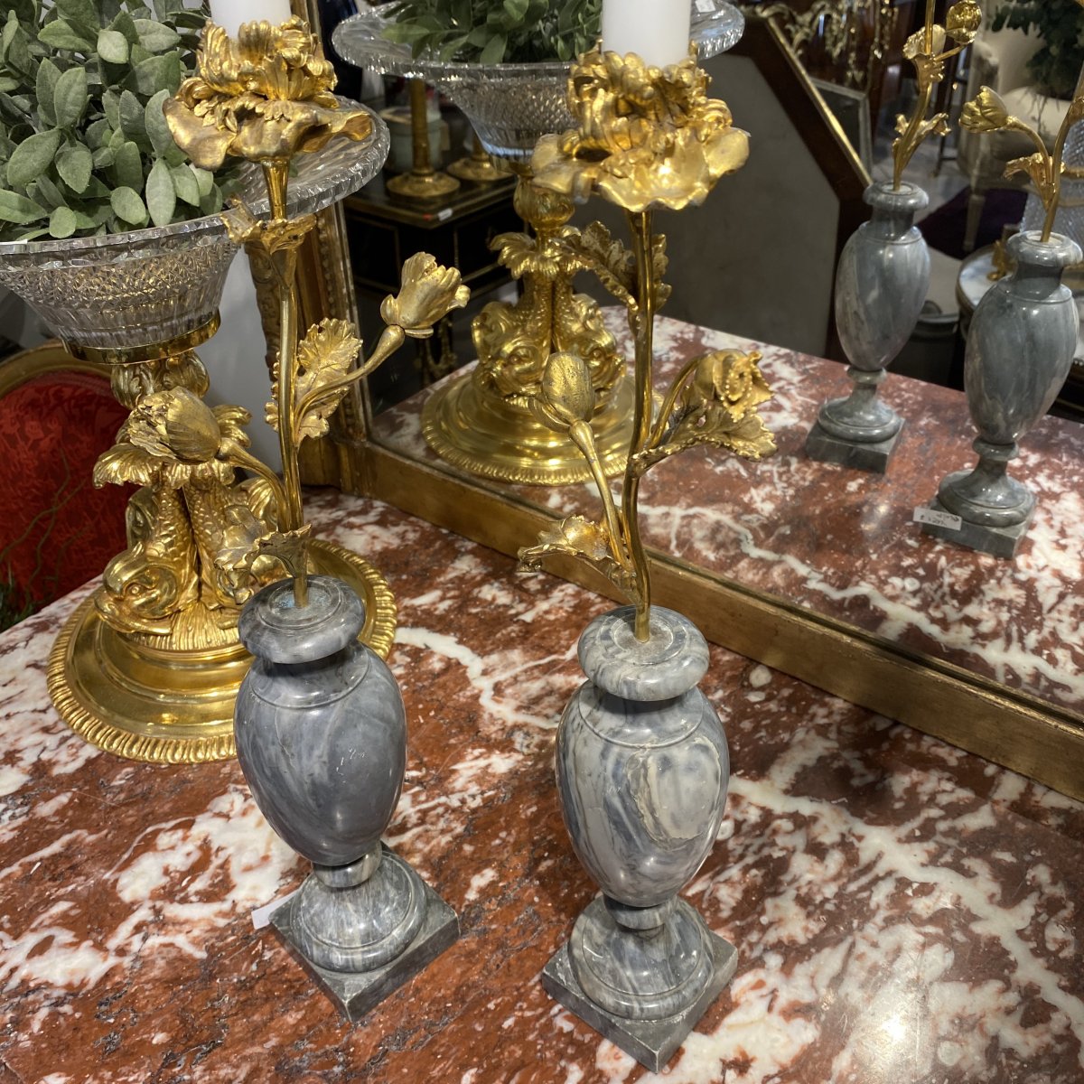 Pair Of Candlesticks With 1 Louis XVI Period In Gilt Bronze And Base In Bluishurquin Marble-photo-2