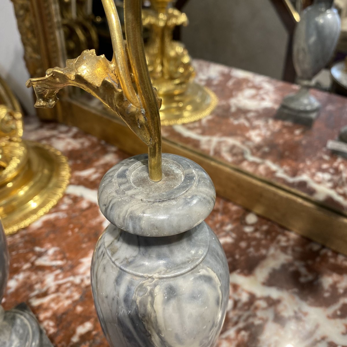 Pair Of Candlesticks With 1 Louis XVI Period In Gilt Bronze And Base In Bluishurquin Marble-photo-4
