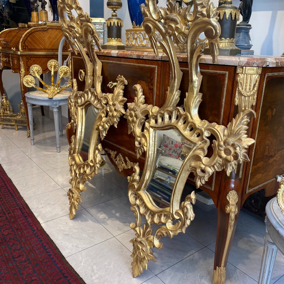 Paire De Grands Miroirs Italiens En Bois Doré Fin XIX Ieme -photo-1