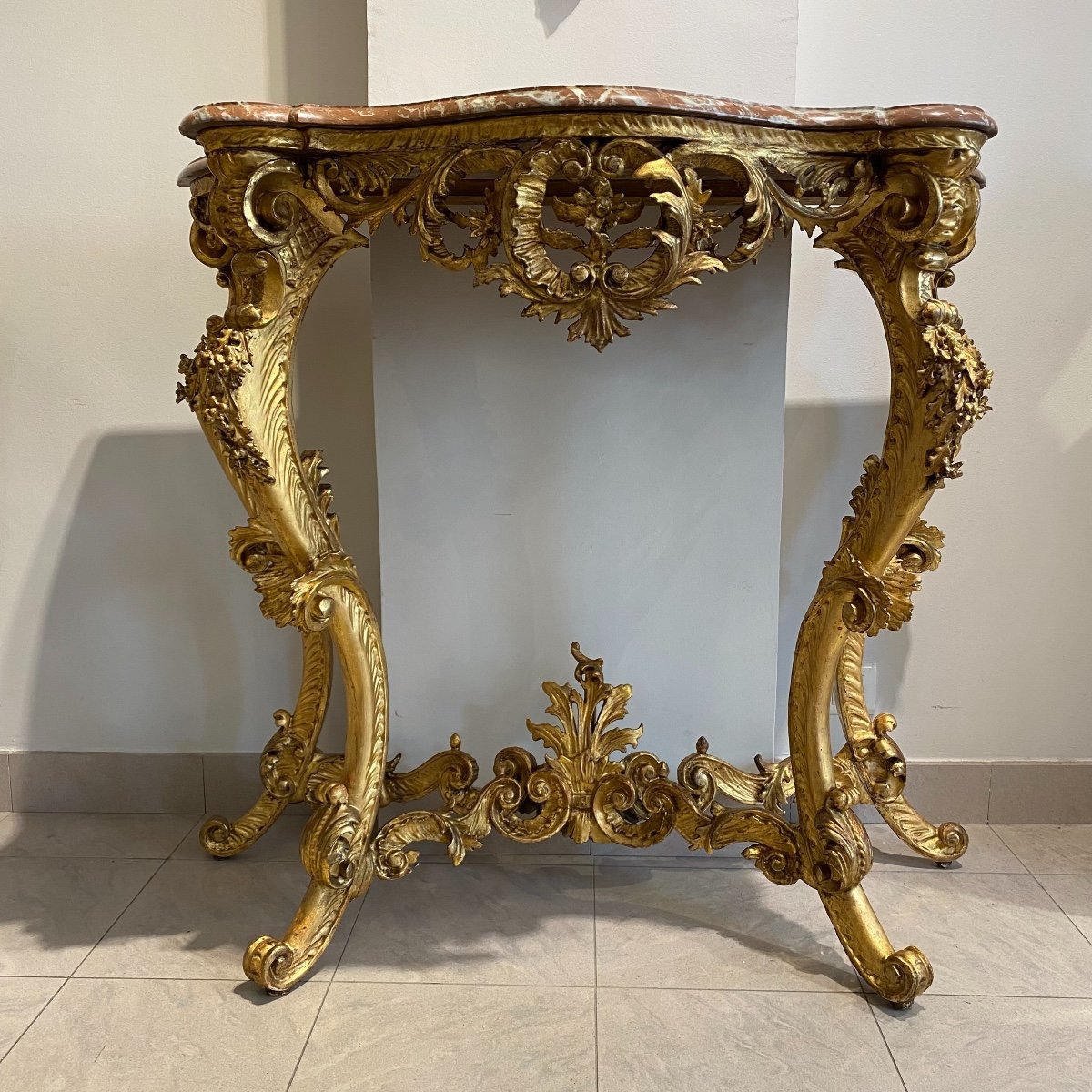 Console Louis XV En Bois Doré A 4 Pieds Dessus Marbre XIX Ieme -photo-3