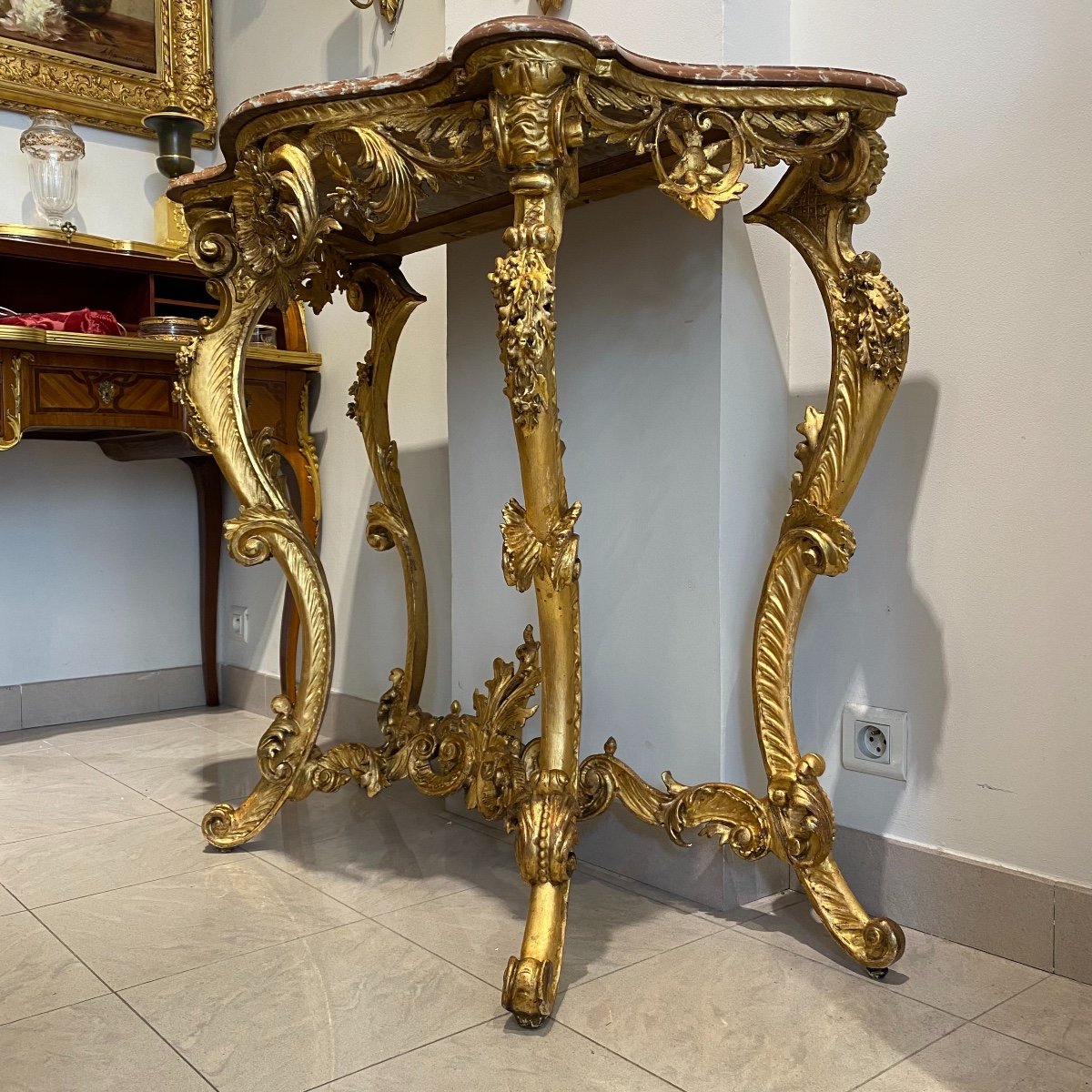 Console Louis XV En Bois Doré A 4 Pieds Dessus Marbre XIX Ieme -photo-3